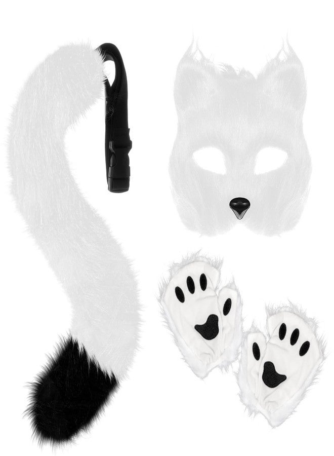 XEPST Furry Fox Wolf Cosplay Set with Mask Tail Paw Gloves, Animal Cosplay Costume Kit for Anime Fancy Dress Accessories Halloween Christmas Dress Up Carnival Role Play Party Supplies, White - Image 1